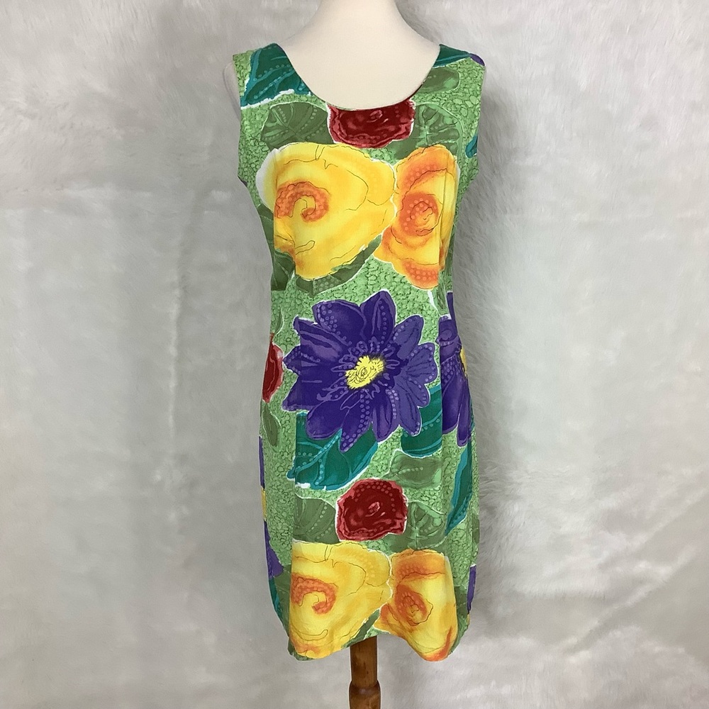 Jams World Sleeveless Green Yellow & Purple Floral Shift Dress Gossamer S